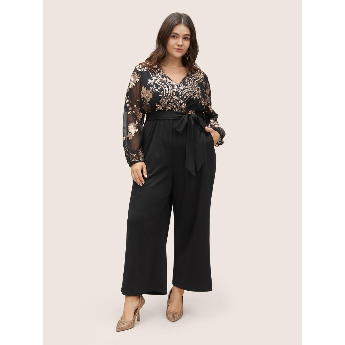 Plus Size Black Sequin Mesh Patchwork Wrap Belted Jumpsuit Women Cocktail Long Sleeve Overlap Collar Party Loose Jumpsuits BloomChic 28/5X Product Image