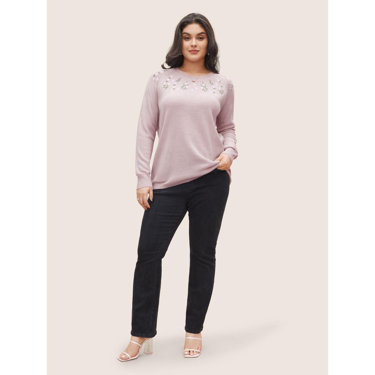 Plus Size Floral Embroidered Crew Neck Raglan Sleeve Pullover Lilac Women Elegant Long Sleeve Round Neck Everyday Pullovers BloomChic 30/6X Product Image