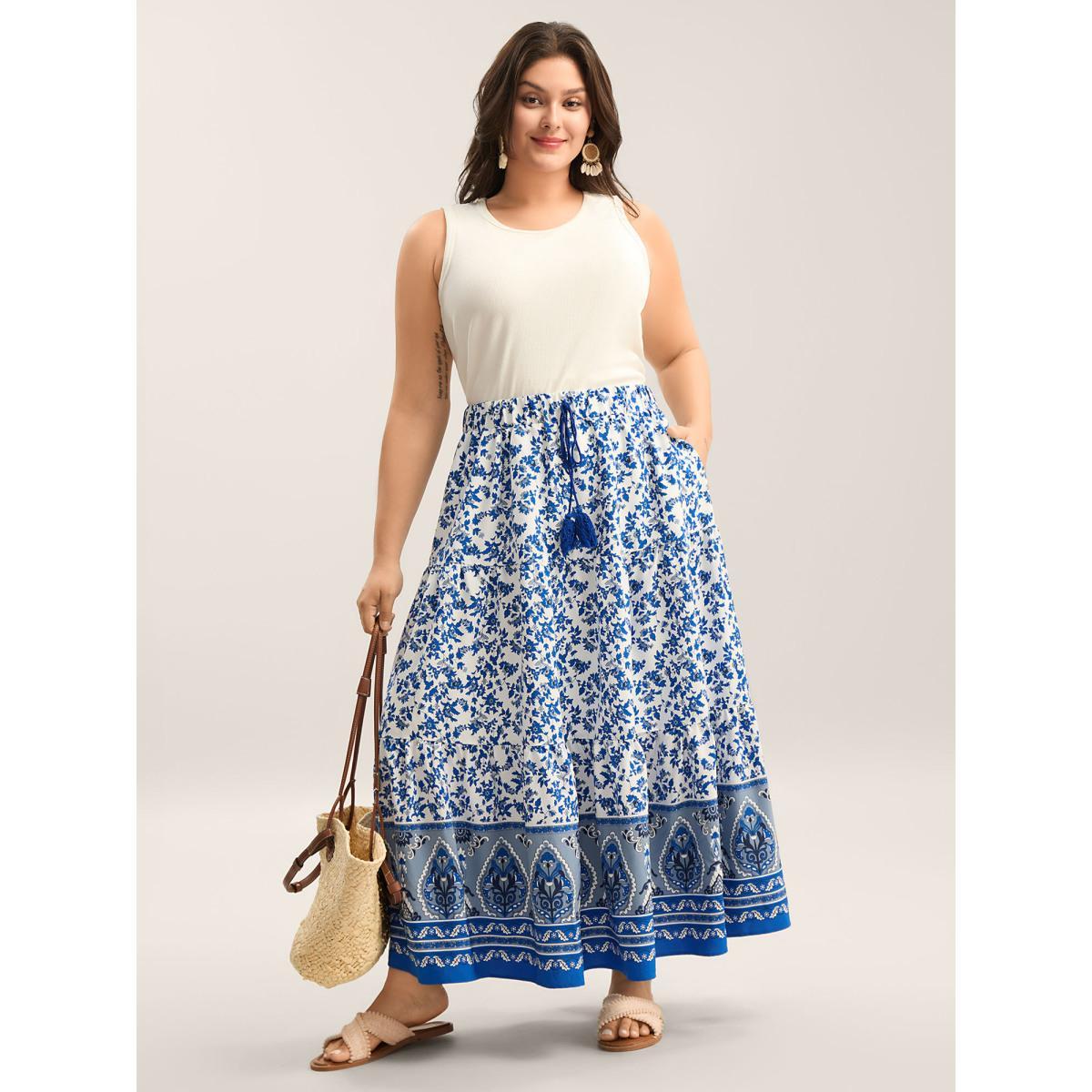 Plus Size Floral Boho Print Waist-Tie Maxi Skirt Women LightBlue Loose No stretch Side seam pocket Vacation Skirts BloomChic 10/M Product Image