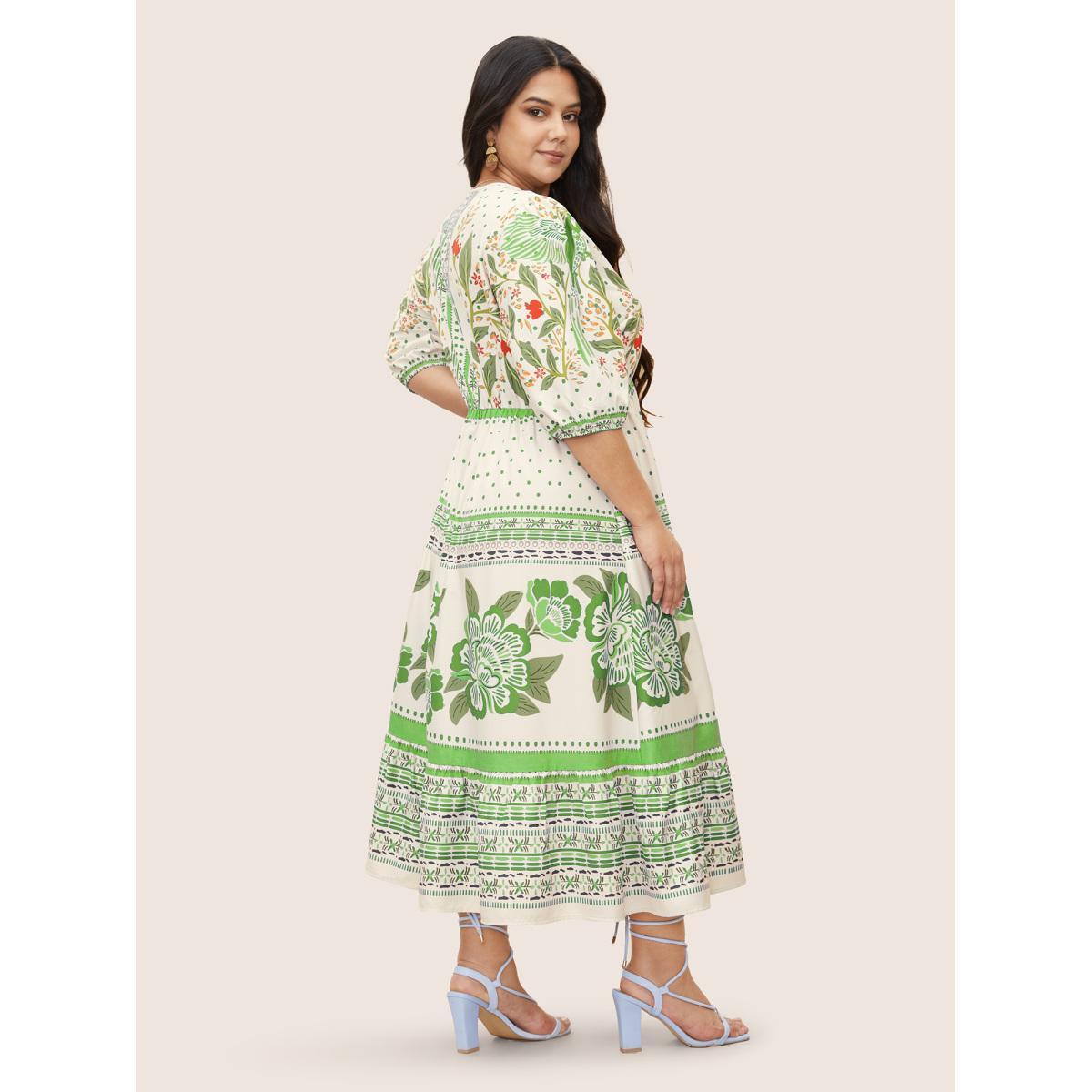 Plus Size V Neck Floral Print Elastic Waist Lantern Sleeve Dress Truegreen Women Resort Gathered V-neck Sleeveless Curvy Midi Dress BloomChic 18-20/2X Product Image