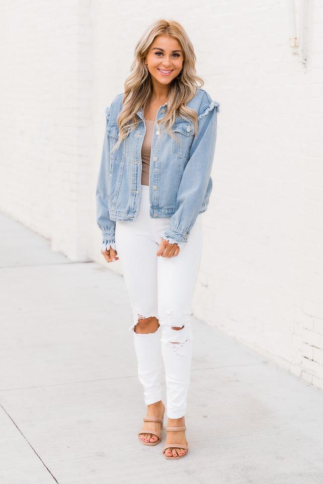 Turn A New Leaf Light Wash Frayed Detail Denim Jacket FINAL SALE Product Image