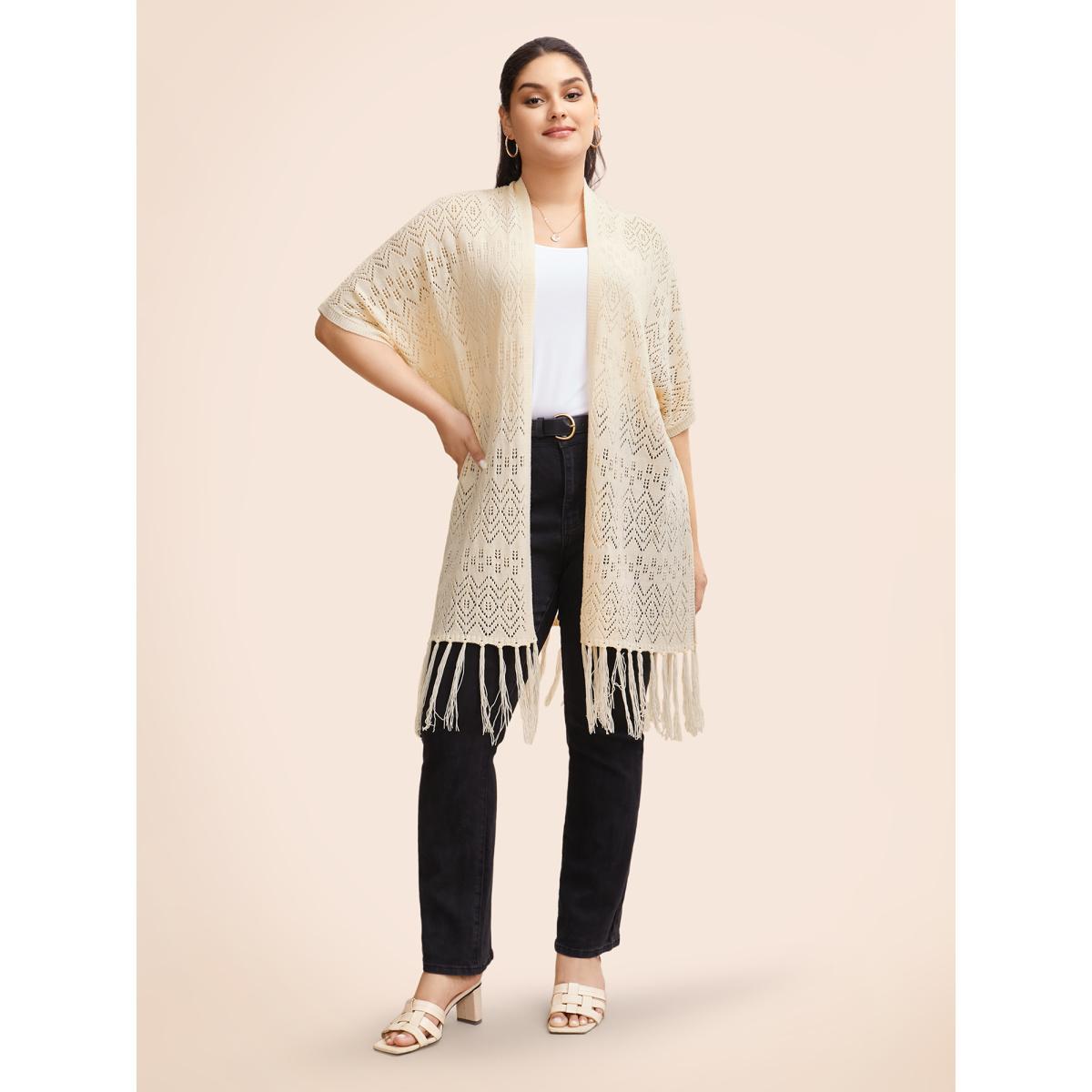 Plus Size Kimono Collar Cut Out Tassel Trim Cardigan Apricot Women Beach Loose Half Sleeve Vacation Cardigans BloomChic 18-20/2X Product Image
