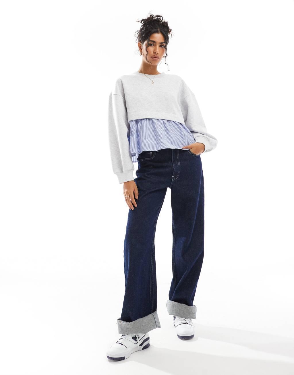 ASOS DESIGN stripe peplum hem sweatshirt in ice heather Product Image
