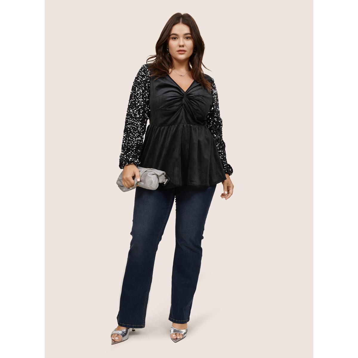 Plus Size Black Patchwork Velvet Twist Front Elastic Waist Sequin Blouse Women Glamour Long Sleeve V-neck Party Blouses BloomChic 12/L Product Image