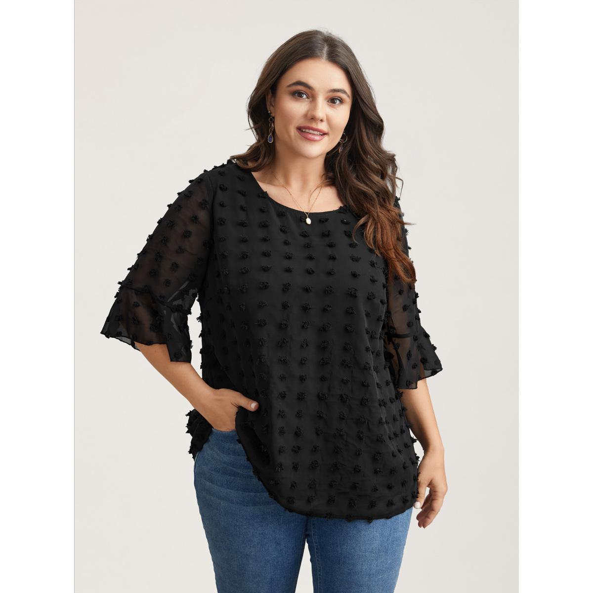 Plus Size Black Chiffon Polka Dot Round Neck Shirt Women Elegant Half Sleeve Round Neck Everyday Blouses BloomChic 28/5X Product Image