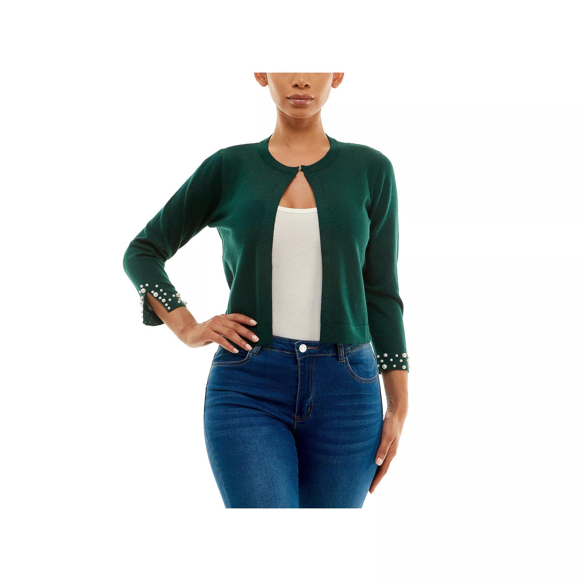 Womens Nina Leonard Simulated-Pearl Trim Bolero Rich Green Product Image