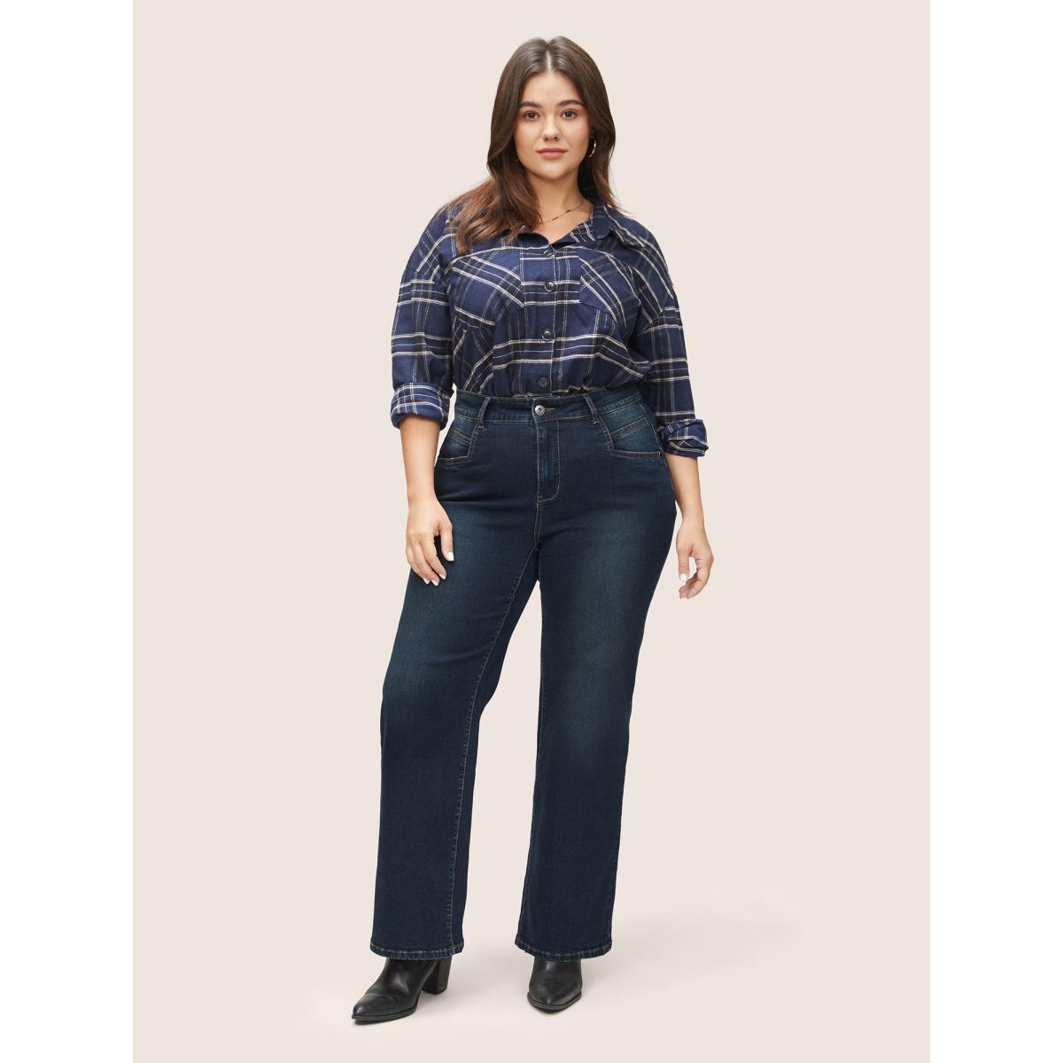 Plus Size Straight Leg Dark Wash Zipper Fly Jeans Women Indigo Casual Plain Contrast High stretch Pocket Jeans BloomChic 18/2X Product Image