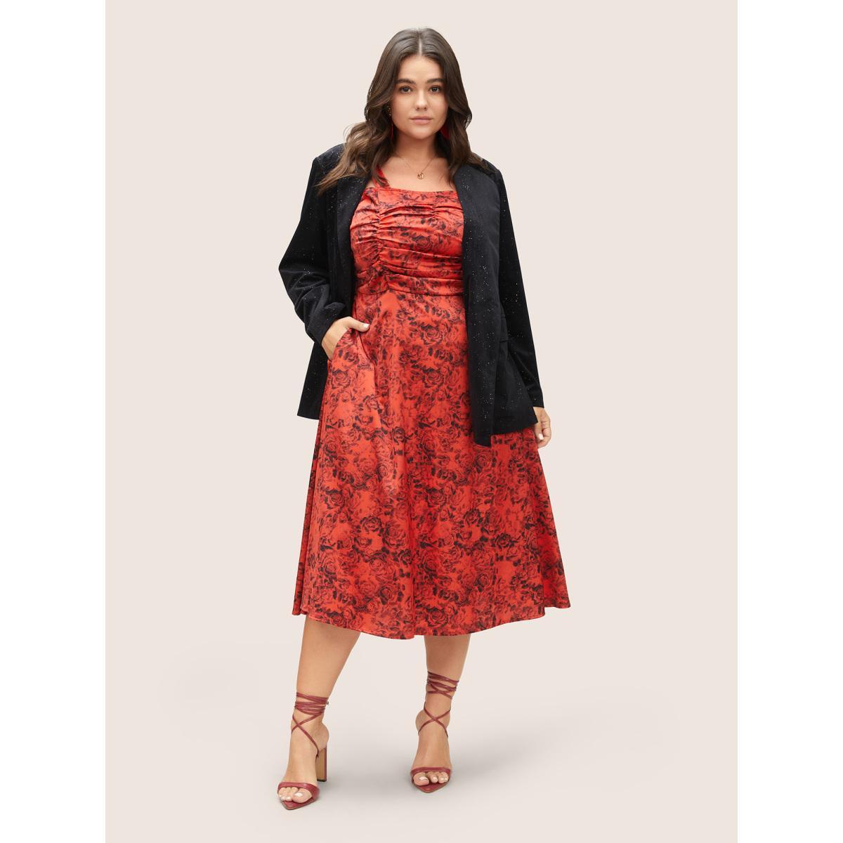Plus Size Floral Print Ruched Detail Adjustable Straps Dress Raspberry Women Elegant Gathered Spaghetti Strap Sleeveless Curvy Midi Dress BloomChic 12/L Product Image