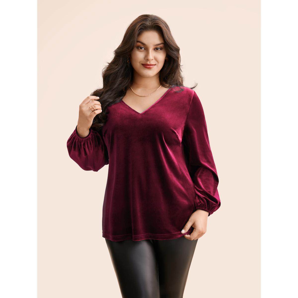 Plus Size Burgundy V Neck Velvet Lantern Sleeve Blouse Women Elegant Long Sleeve V-neck Everyday Blouses BloomChic 30/6X Product Image