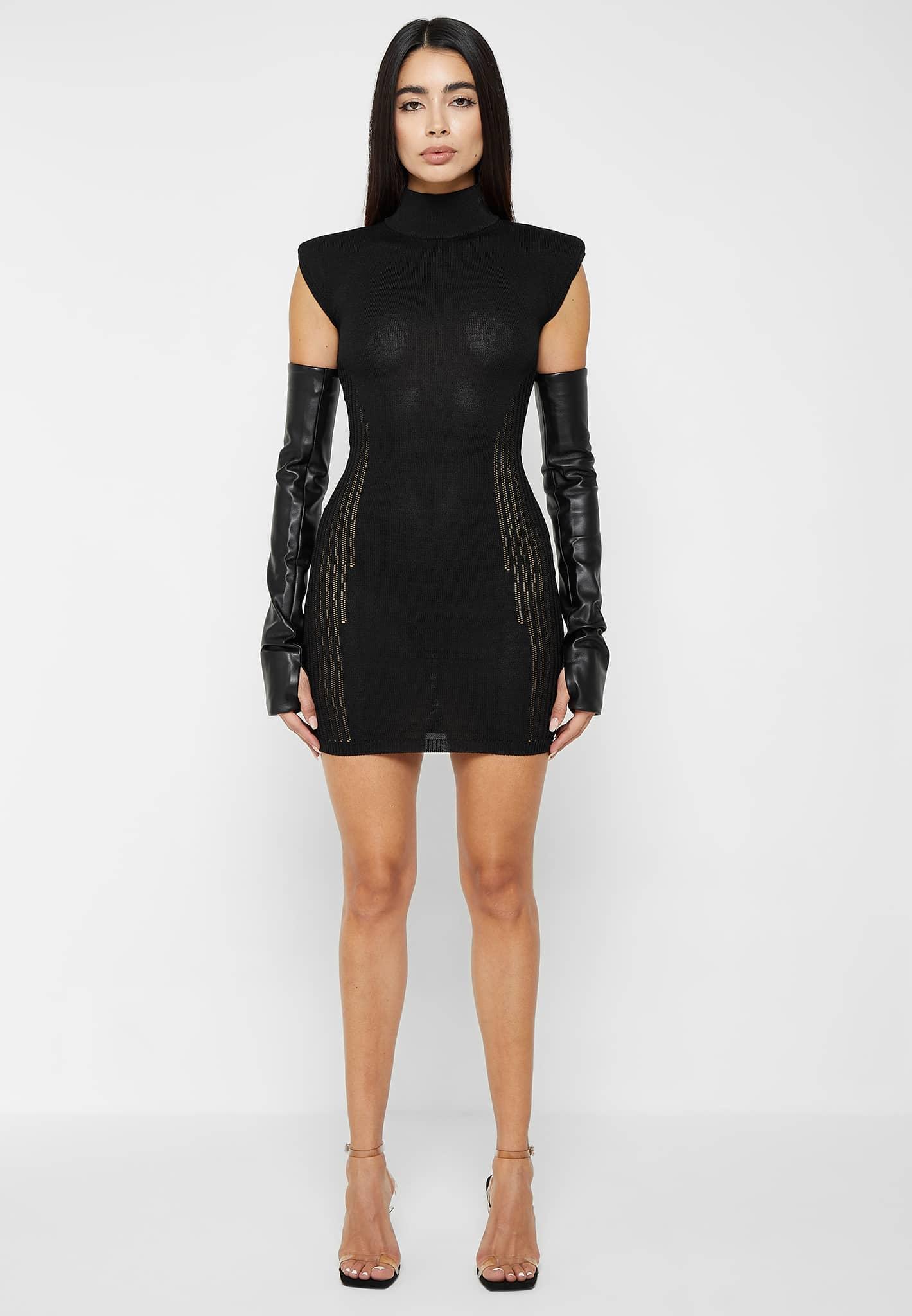 Knitted Contour Dress with Leather Sleeves - Black Female Product Image