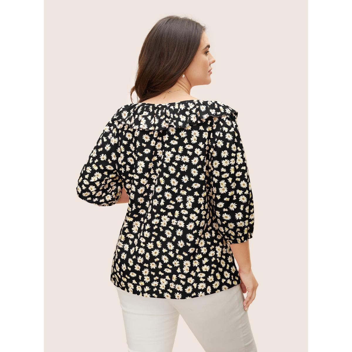 Plus Size Black Daisy Patterned Ruffled Collar Blouse Women Elegant Elbow-length sleeve Square Neck Everyday Blouses BloomChic 14-16/1X Product Image