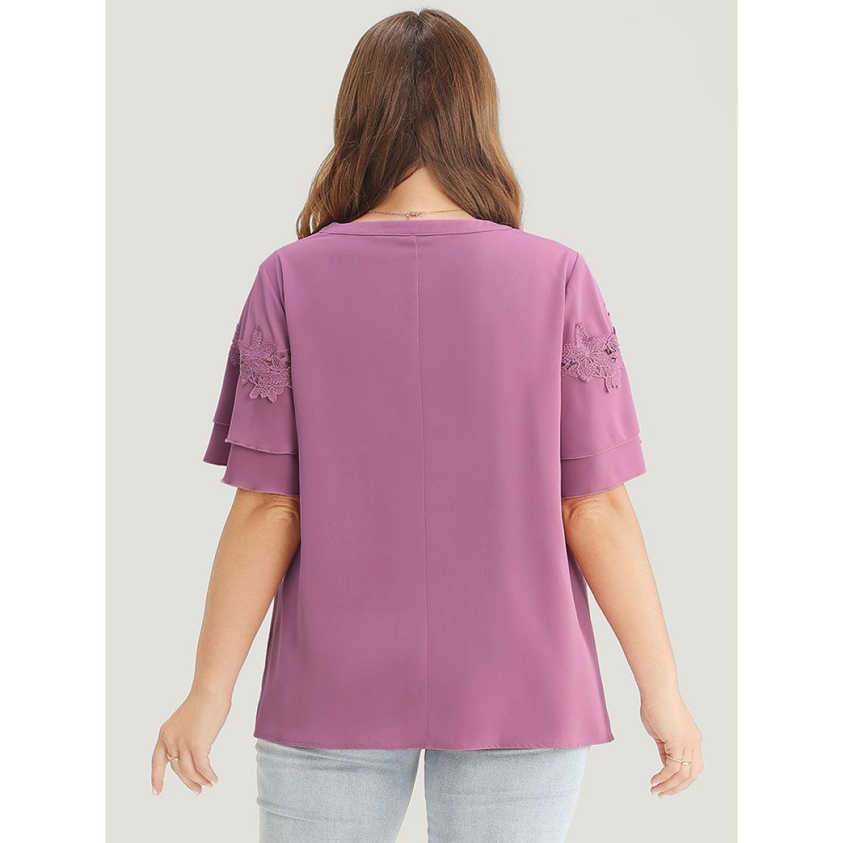 Plus Size Mauve Floral Patchwork Button Detail Ruffle Tiered Sleeve Blouse Women Elegant Short sleeve V-neck Dailywear Blouses BloomChic 28/5X Product Image