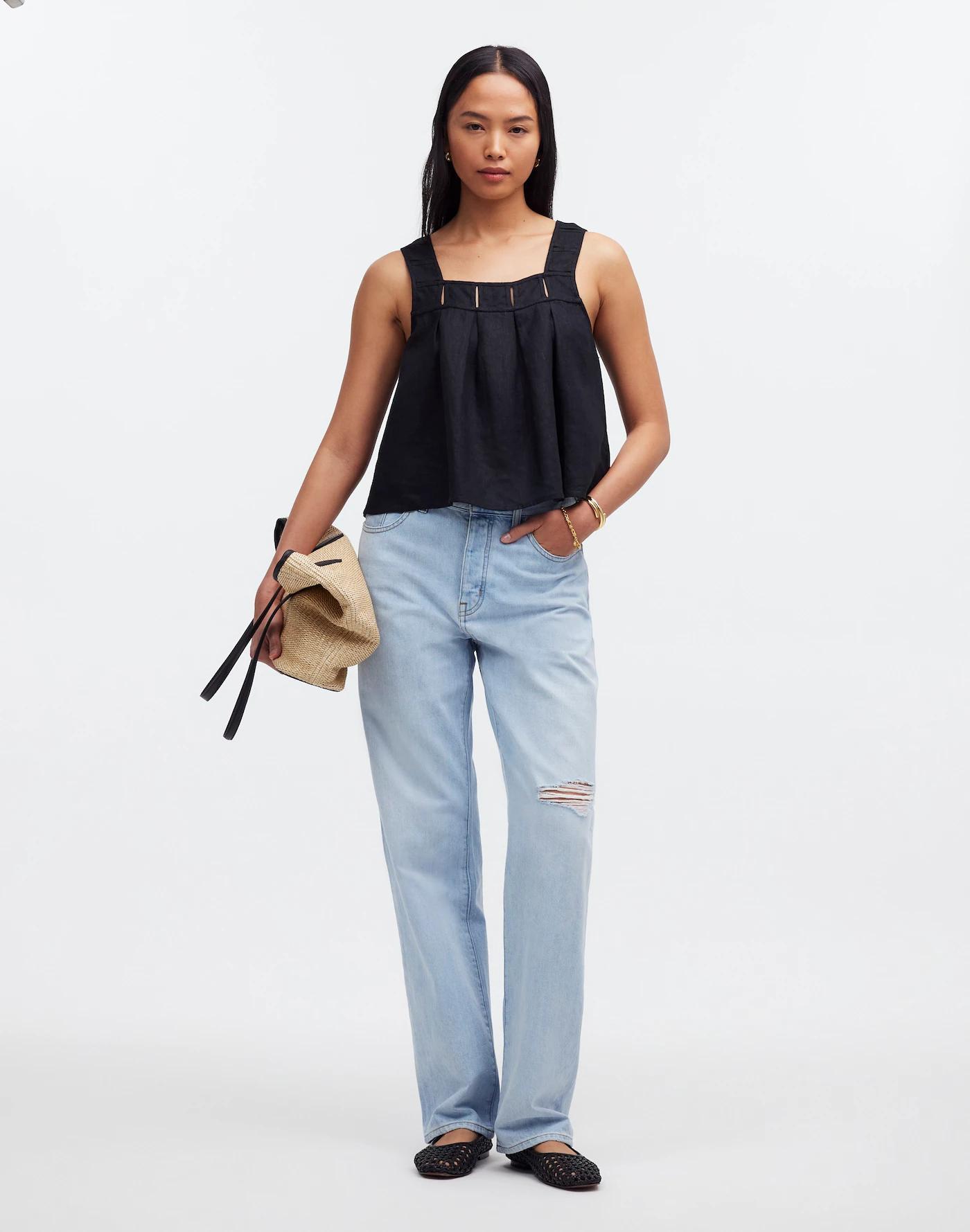 Embroidered A-Line Top in 100% Linen Product Image