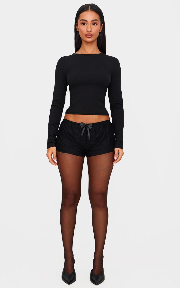 Petite Black Bow Printed Mesh Mini Hot Pants Product Image