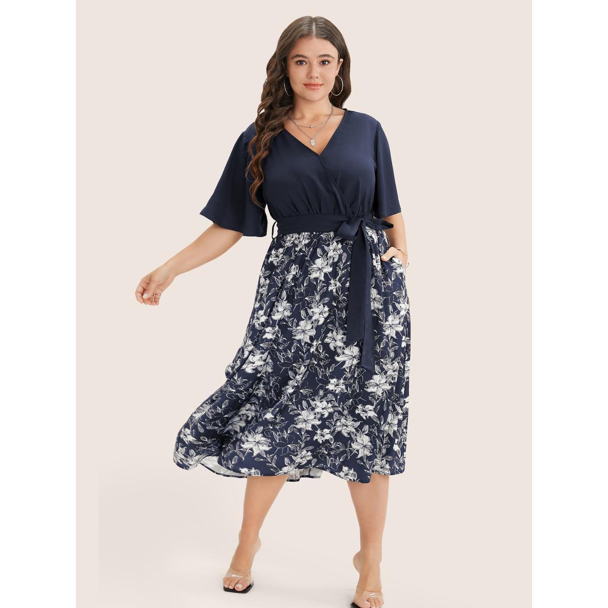 Plus Size Floral Patchwork Pocket Belt Surplice Neck Ruffle Hem Dress Navy Women Elegant Patchwork V-neck Short sleeve Curvy Midi Dress BloomChic 14-16/1X Product Image