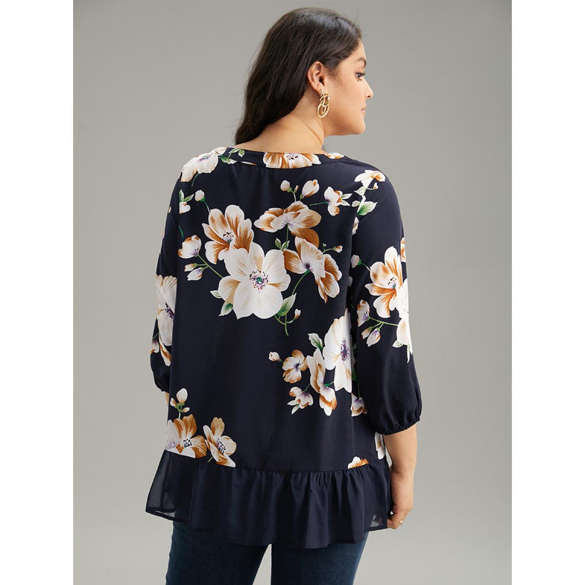 Plus Size Indigo Chiffon Floral Keyhole Patchwork Flutters Blouse Women Elegant Elbow-length sleeve Round Neck Dailywear Blouses BloomChic 12/L Product Image