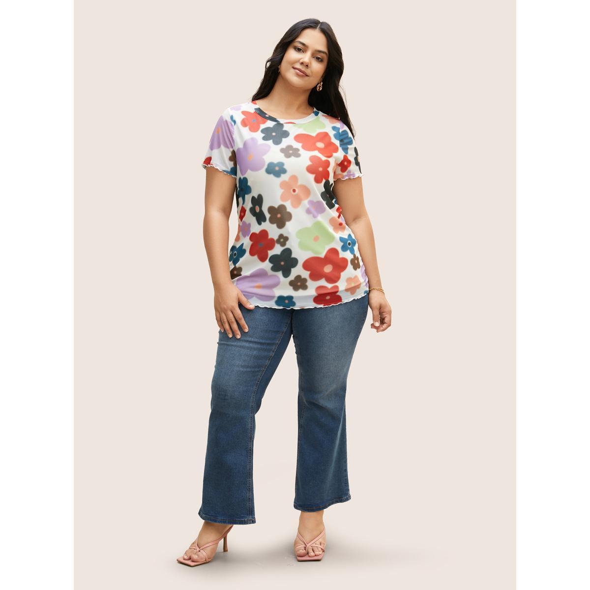 Plus Size Round Neck Colored Floral Mesh T-shirt Multicolor Women Elegant Contrast Natural Flowers Round Neck Everyday T-shirts BloomChic 30/6X Product Image