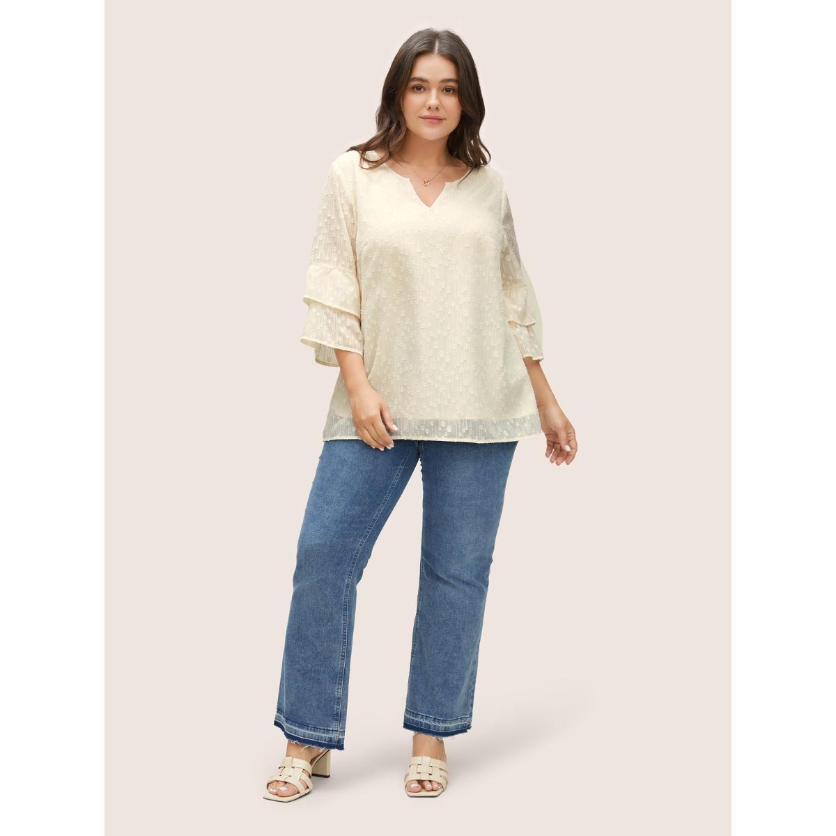 Plus Size Ivory Plisse Mesh Flutter Layered Sleeve Blouse Women Elegant Elbow-length sleeve V-neck Everyday Blouses BloomChic 18-20/2X Product Image