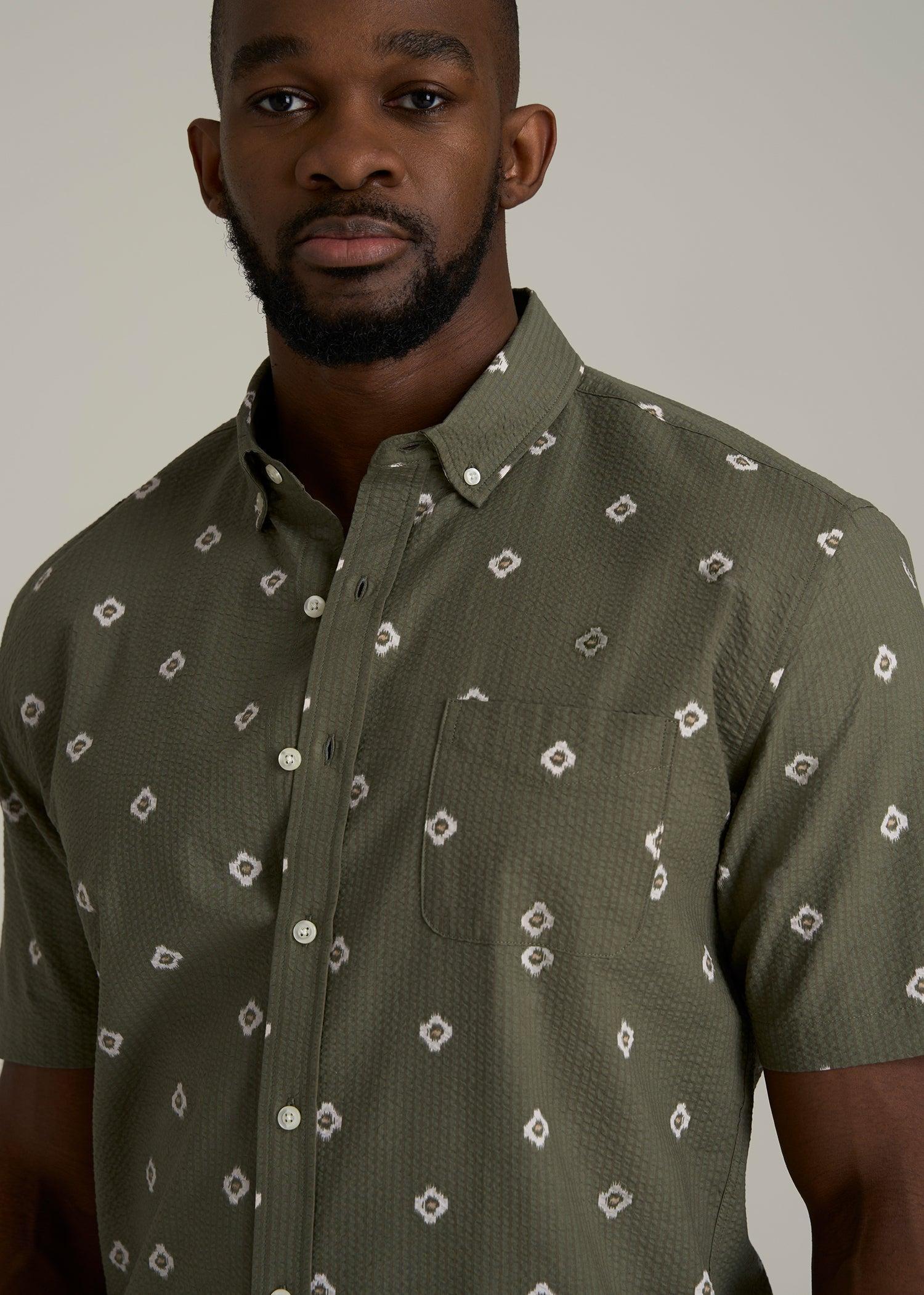 Seersucker Tall Men's Short Sleeve Shirt in Olive and Beige Floral Male Product Image