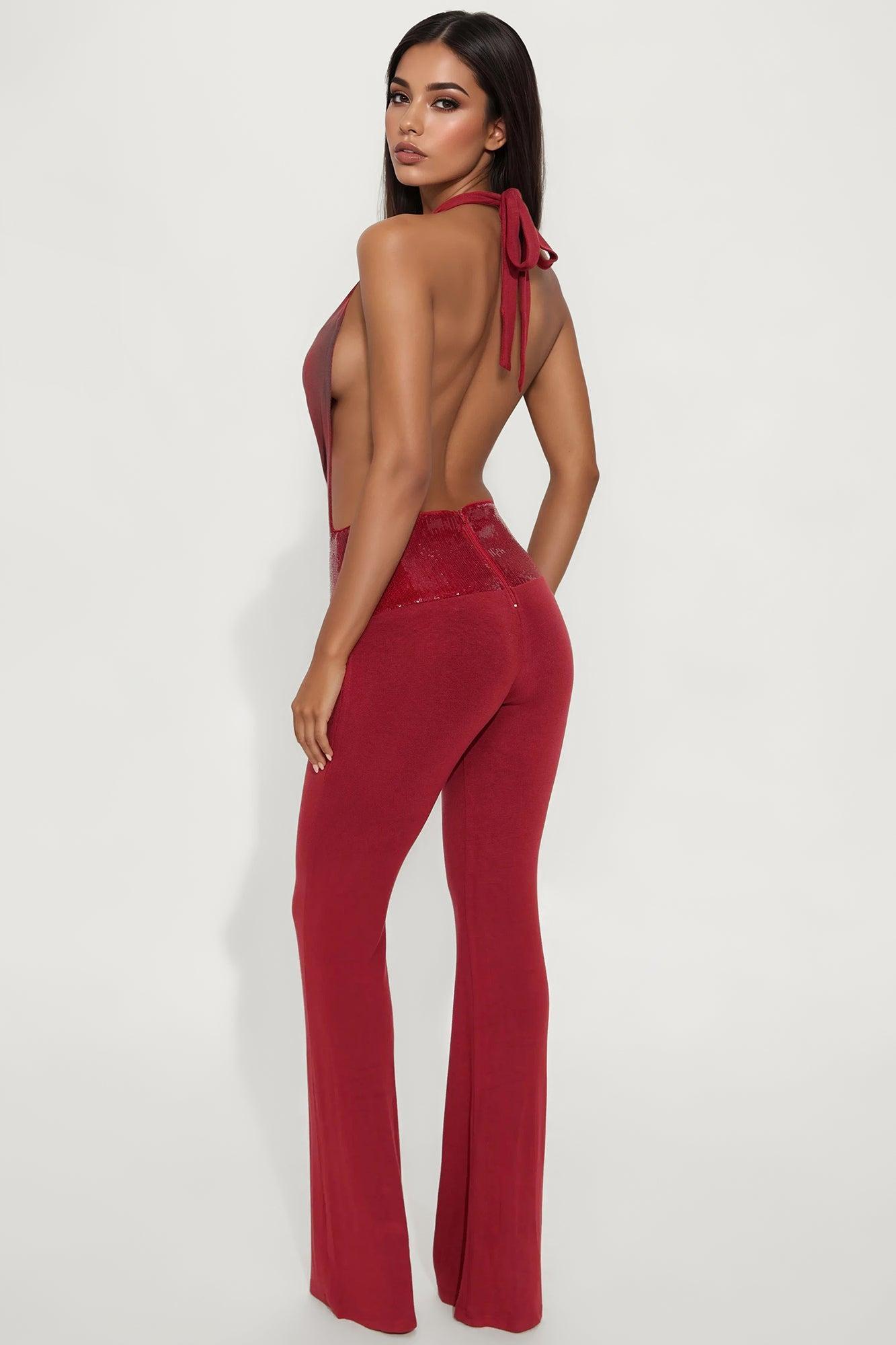 Undone Love Halter Jumpsuit - Burgundy Product Image