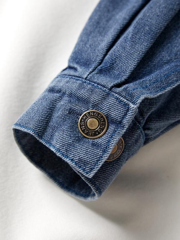 Denim Splice Letter Print Lapel Neck Oversized Hoodie Product Image