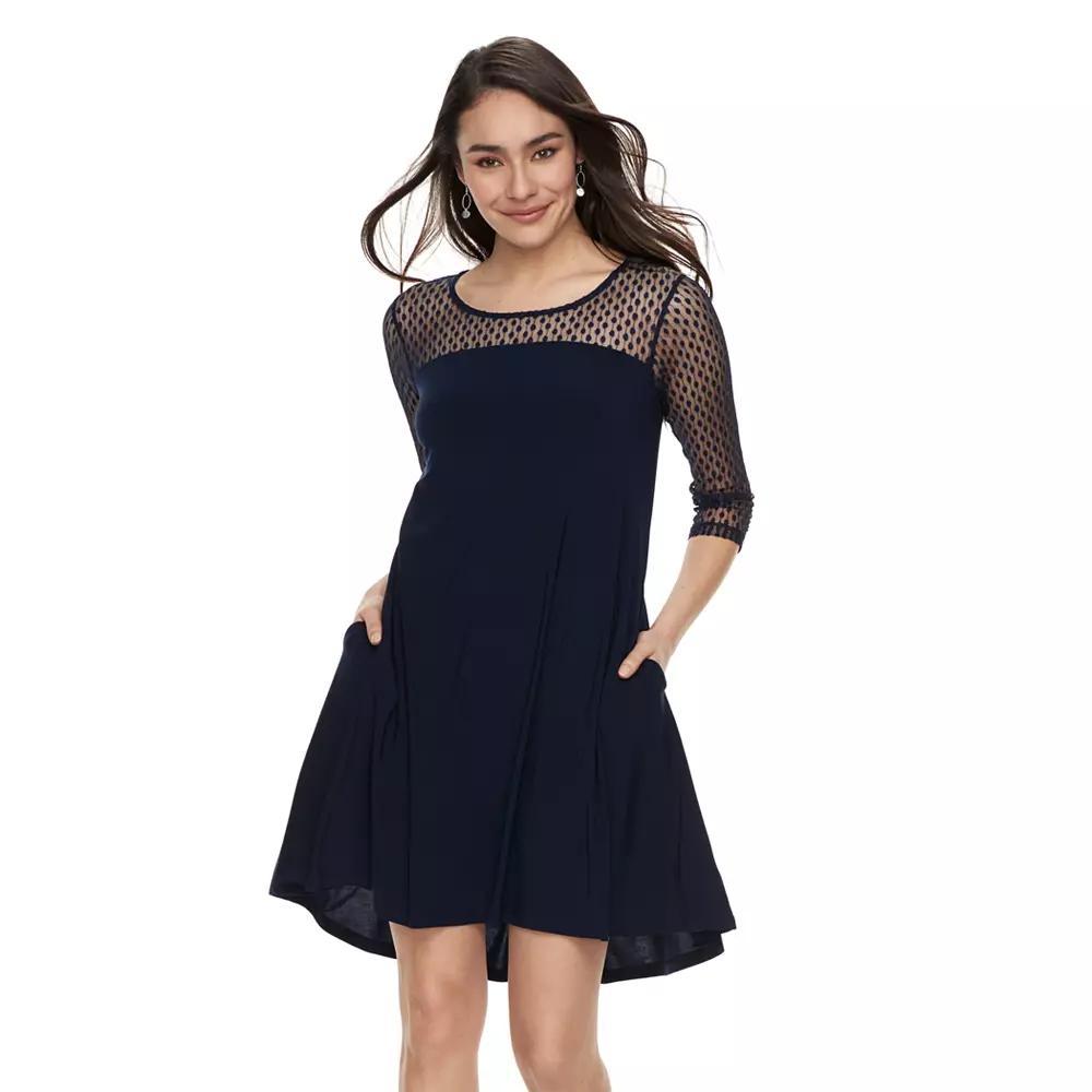 Women's Nina Leonard Mesh Yoke Trapeze Dress, Size: Small, Blue Lace Dot Product Image