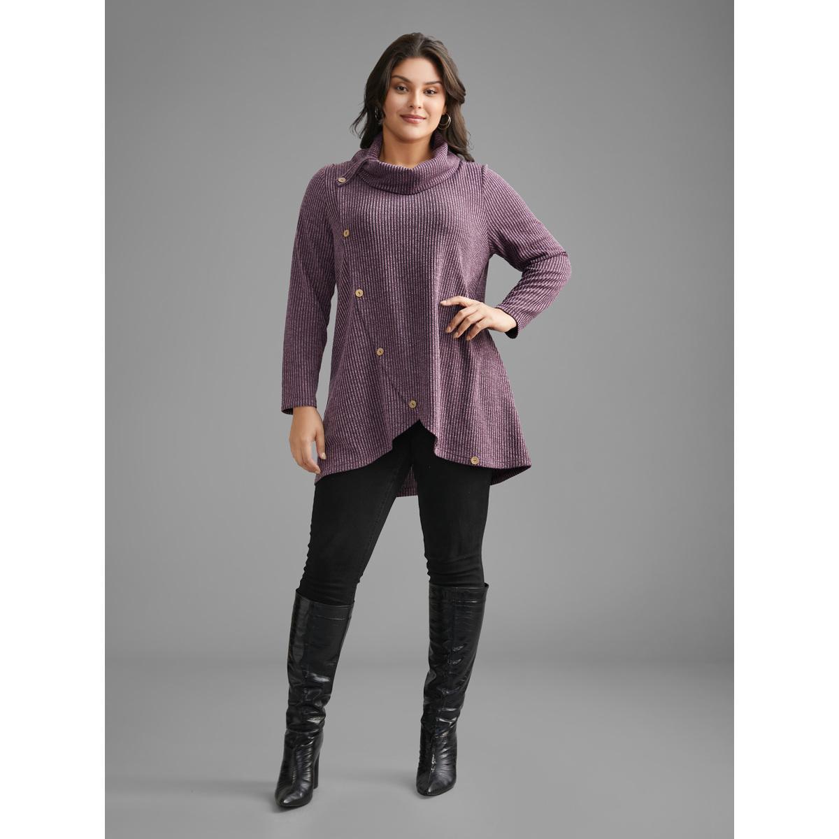 Plus Size Rib Knit Button Detail Wrap Hem Sweatshirt Women Mauve Casual Overlapping Loose Ruffled collar Everyday Sweatshirts BloomChic 30/6X Product Image