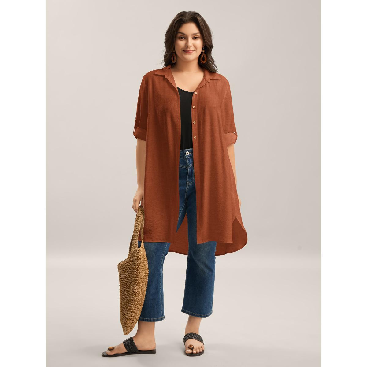 Plus Size Browncoffeecolor Front-Open Long Basic Blouse Women Long Sleeve Shirt collar Vacation Blouses BloomChic 12/L Product Image
