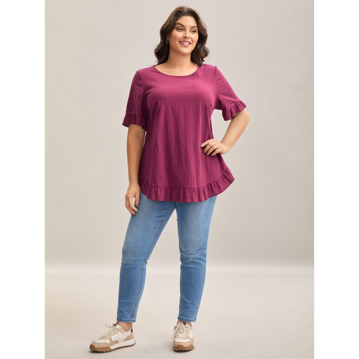 Plus Size RedViolet Pure Cotton Ruffled Curved Hem Blouse Women Casual Short sleeve Round Neck Everyday-Casual Blouses BloomChic 22-24/3X Product Image