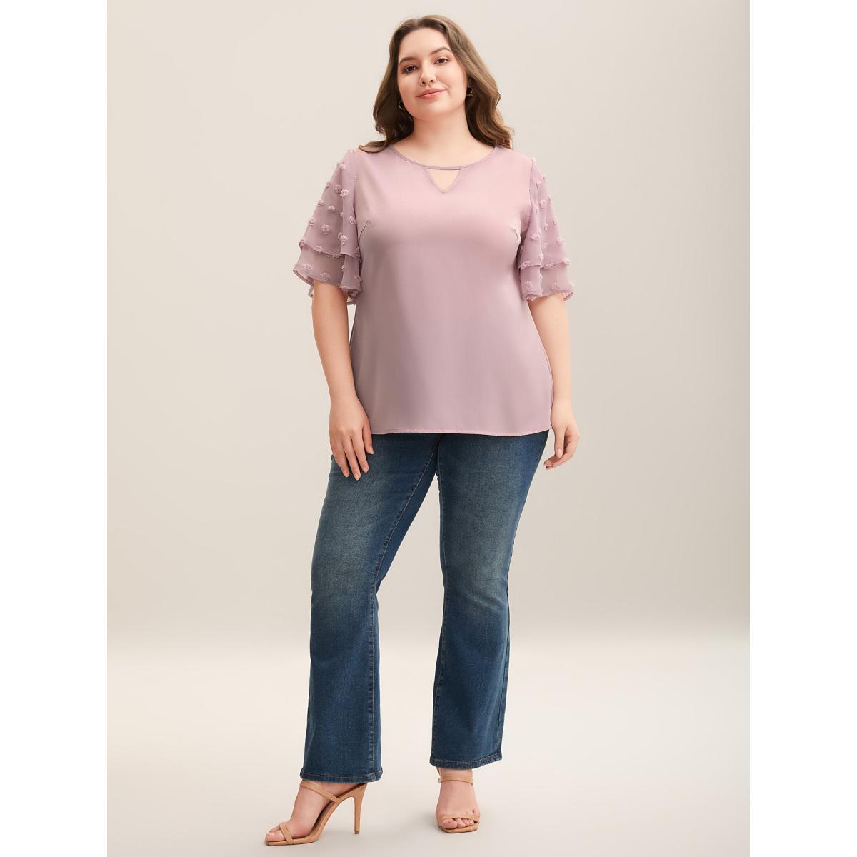 Plus Size Dirtypink Textured Layered Ruffle Sleeve Keyhole Blouse Women Elegant Half Sleeve Round Neck Everyday Blouses BloomChic 14-16/1X Product Image