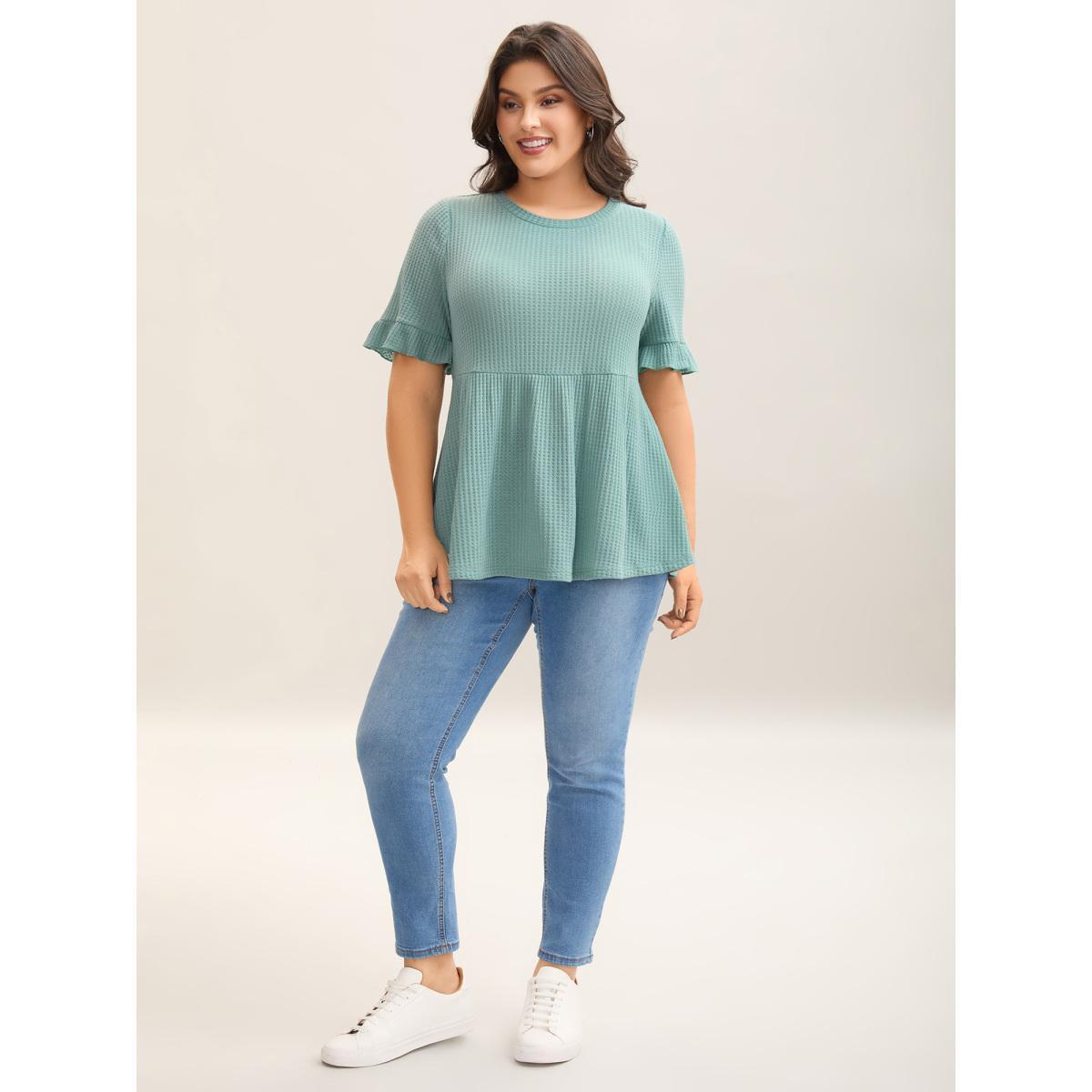 Plus Size Waffle Lotus Leaf Hem T-Shirt Turquoise Women Texture Round Neck Everyday-Casual T-shirts BloomChic 22-24/3X Product Image