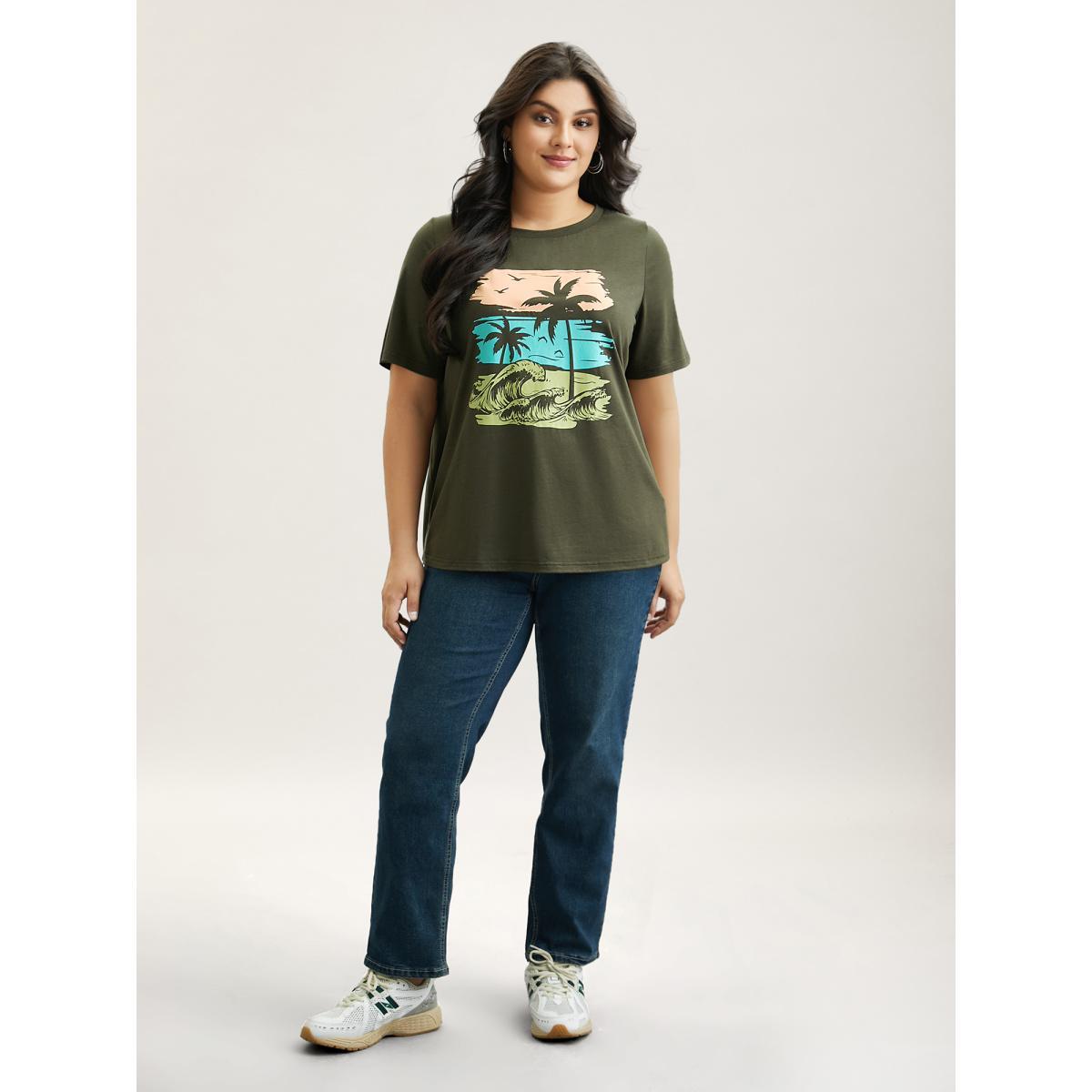 Plus Size Vacation Print Round Neck T-Shirt ArmyGreen Women Casual Non Tropical Round Neck Everyday T-shirts BloomChic 26/4X Product Image