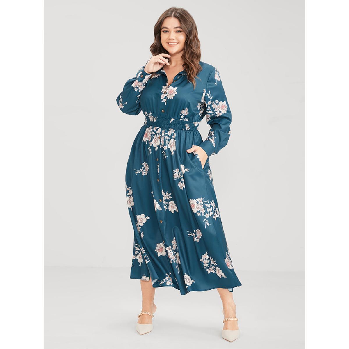 Plus Size Floral Button Up Pocket Split Shirred Shirt Collar Dress Aegean Women Elegant Printed Shirt collar Long Sleeve Curvy Midi Dress BloomChic 28/5X Product Image