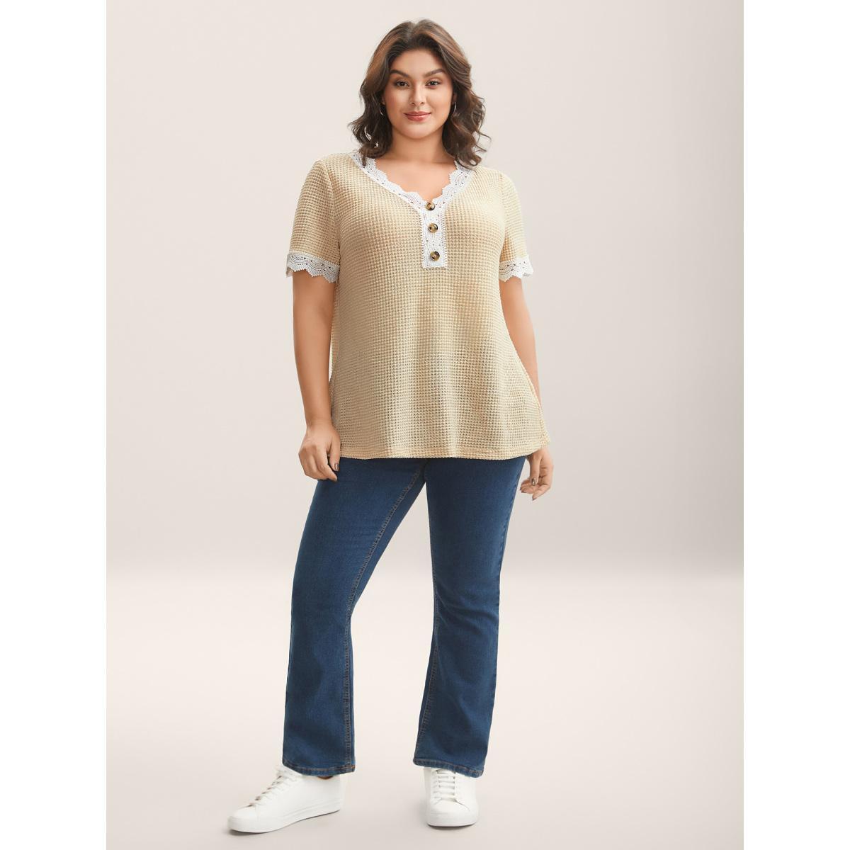 Plus Size Sheer Waffle Textured Lace Trim T-Shirt Beige Women Woven ribbon&lace trim V-neck Everyday-Casual T-shirts BloomChic 10/M Product Image