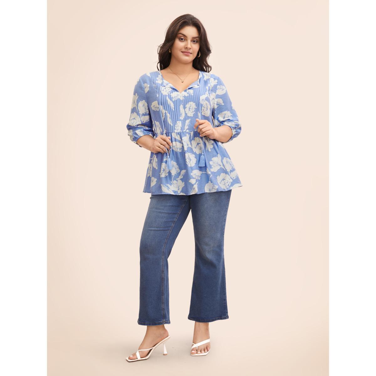 Plus Size LightBlue Floral Pleated Tassel Trim Lantern Sleeve Blouse Women Elegant Elbow-length sleeve V-neck Everyday Blouses BloomChic 26/4X Product Image