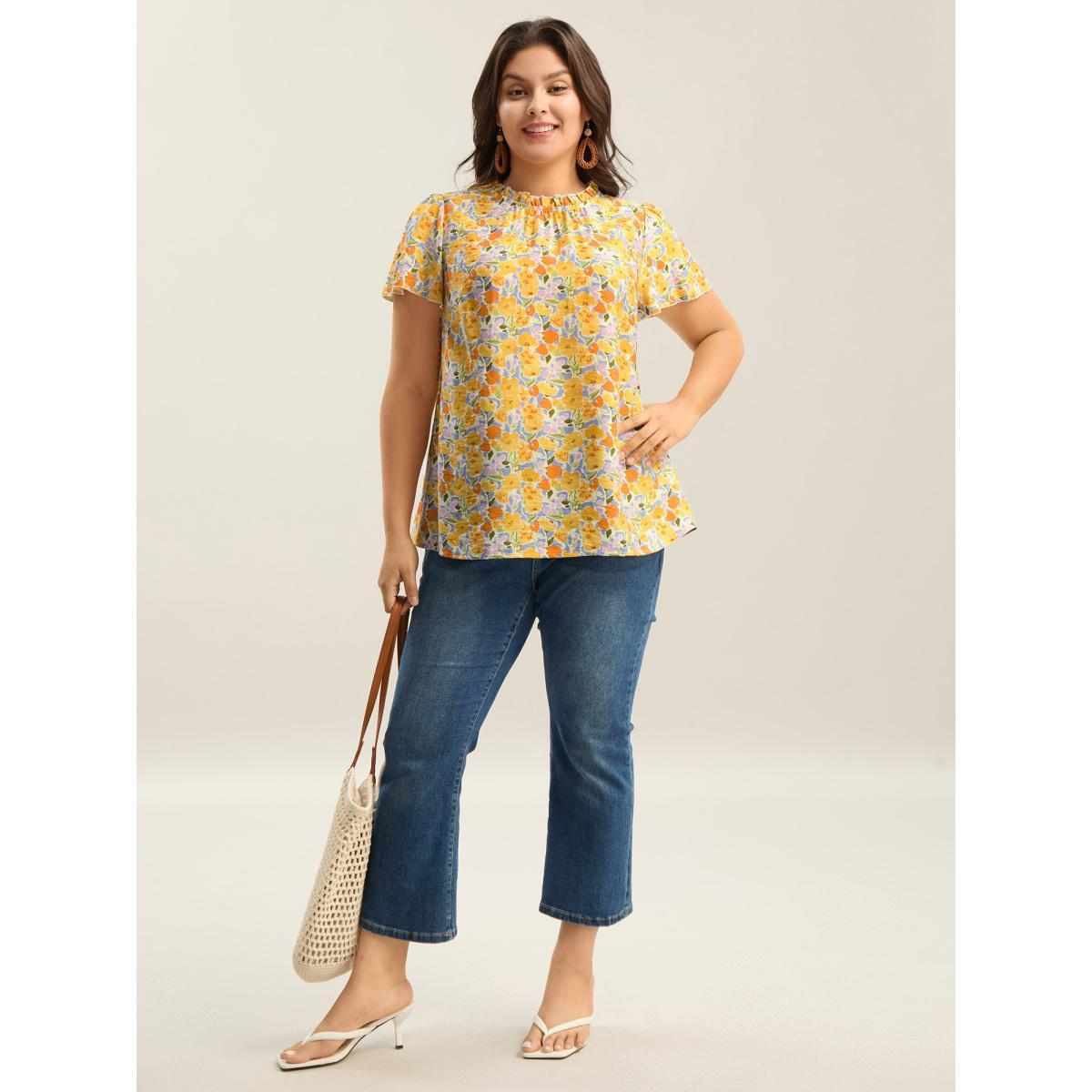 Plus Size Lemonyellow In Full Bloom Mock Neck Shirt Women Resort Cap Sleeve Stand-up collar Vacation Blouses BloomChic 22-24/3X Product Image