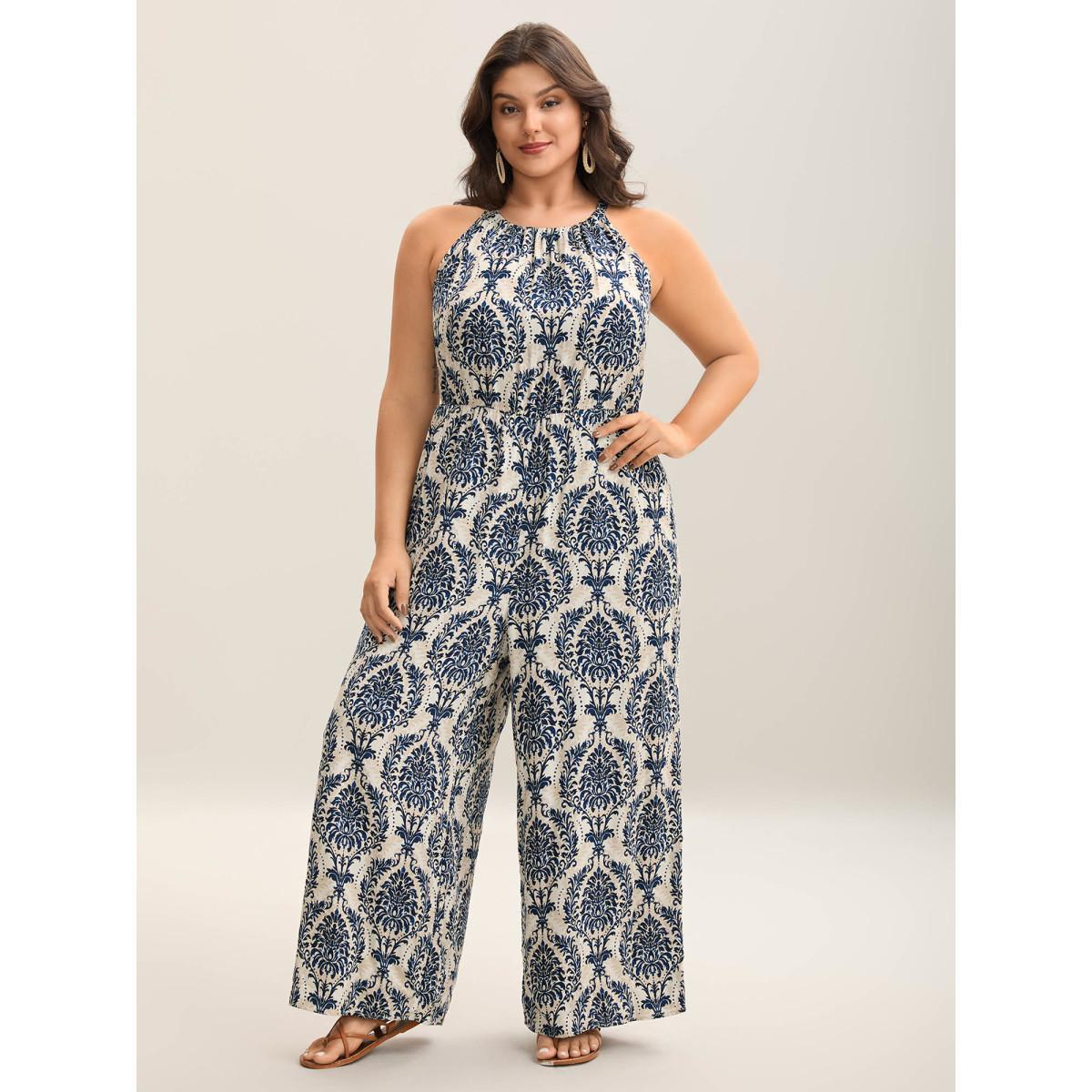 Plus Size DarkBlue Rayon Damask Print Stretchy Waist Jumpsuit Women Sleeveless Halter neck Vacation Loose Jumpsuits BloomChic 12/L Product Image