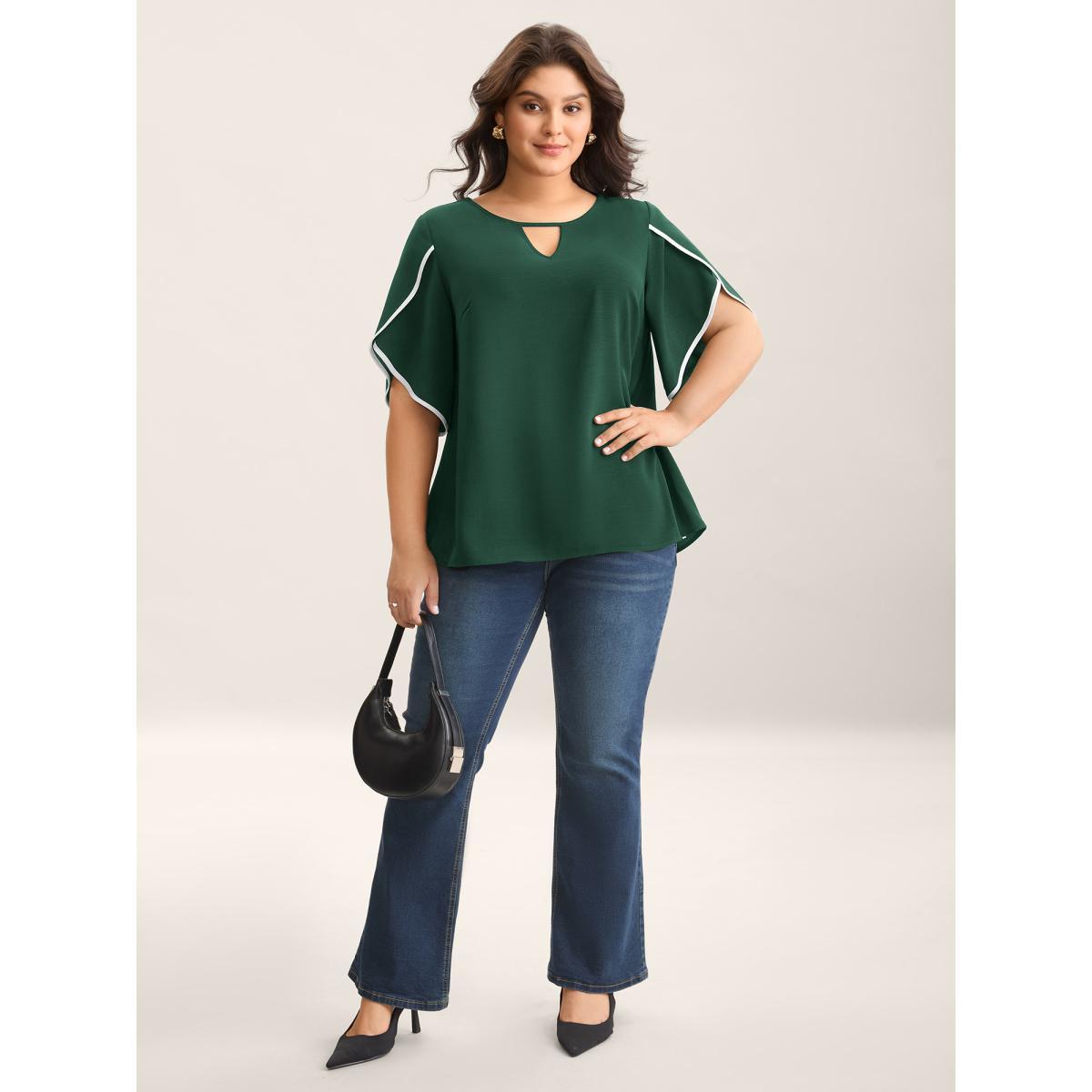 Plus Size DarkGreen Color Contrast Petal Sleeve Shirt Women Half Sleeve Round Neck Work Blouses BloomChic 30/6X Product Image