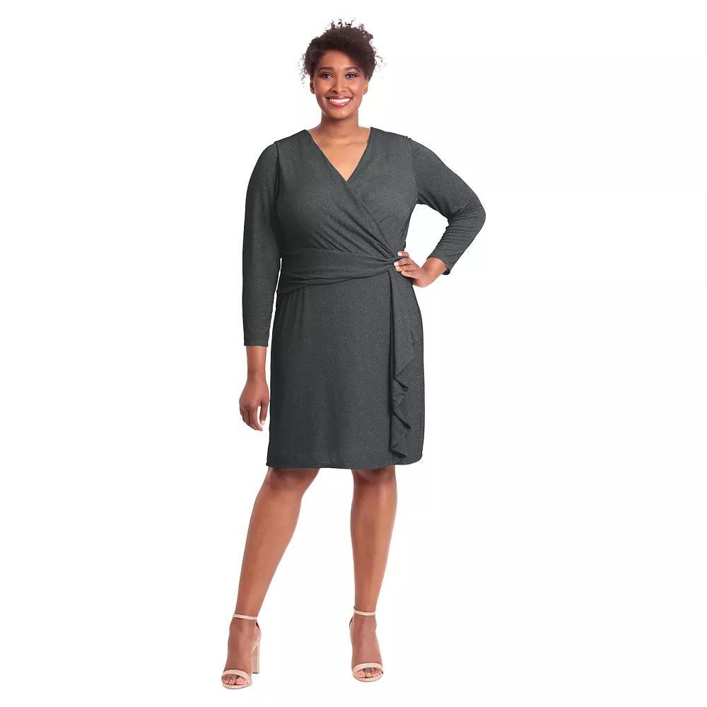 Plus Size London Times Shirred Surplice Side Flounce Long Sleeve Dress, Women's, Size: 14 W, Green Product Image