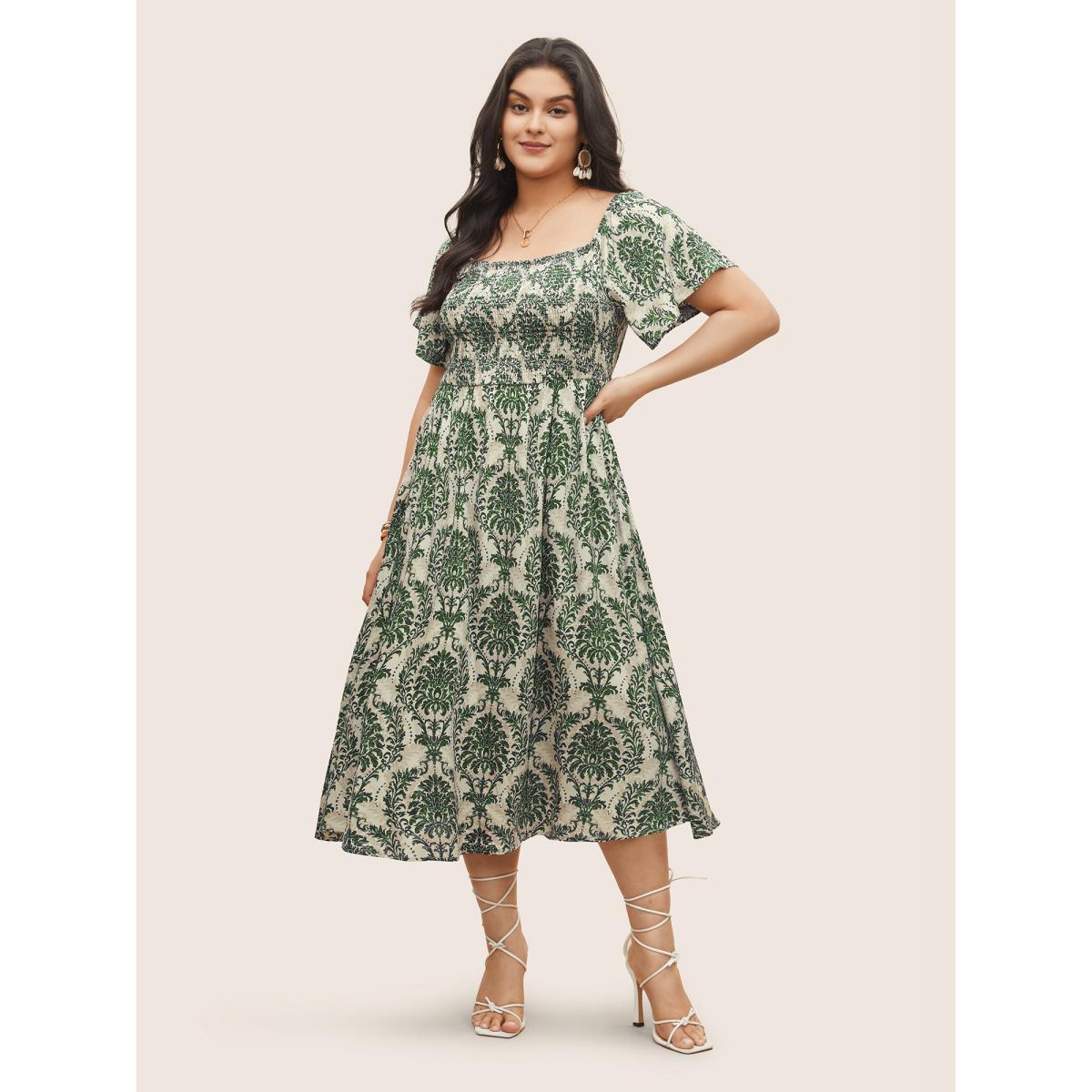Plus Size Bandana Print Shirred Off Shoulder Dress Moss Women Resort Non One-shoulder neck Short sleeve Curvy Midi Dress BloomChic 14-16/1X Product Image