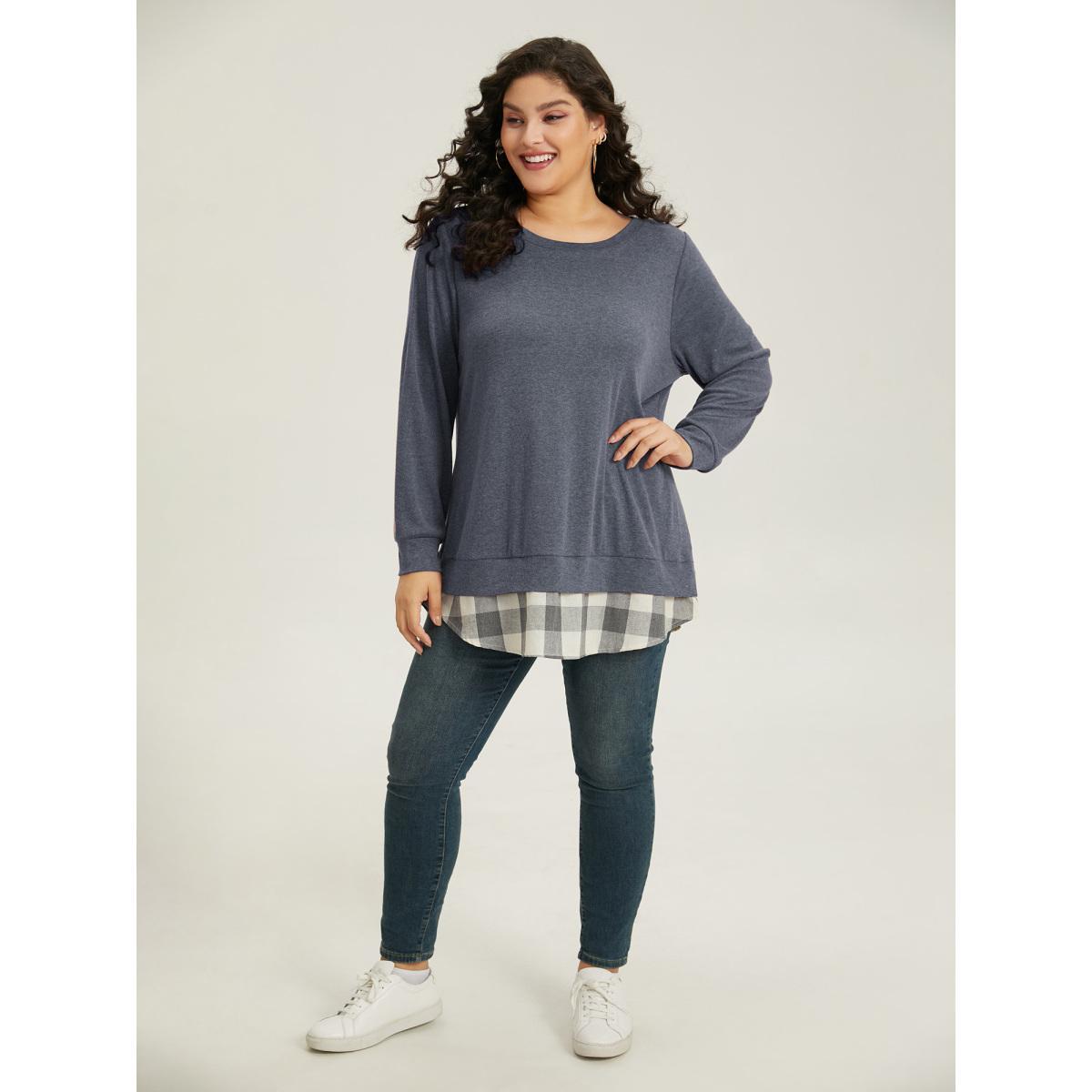 Plus Size Heather Plaid Patchwork Crew Neck T-shirt Blue Women Casual Heather Plaid Round Neck Everyday T-shirts BloomChic 12/L Product Image