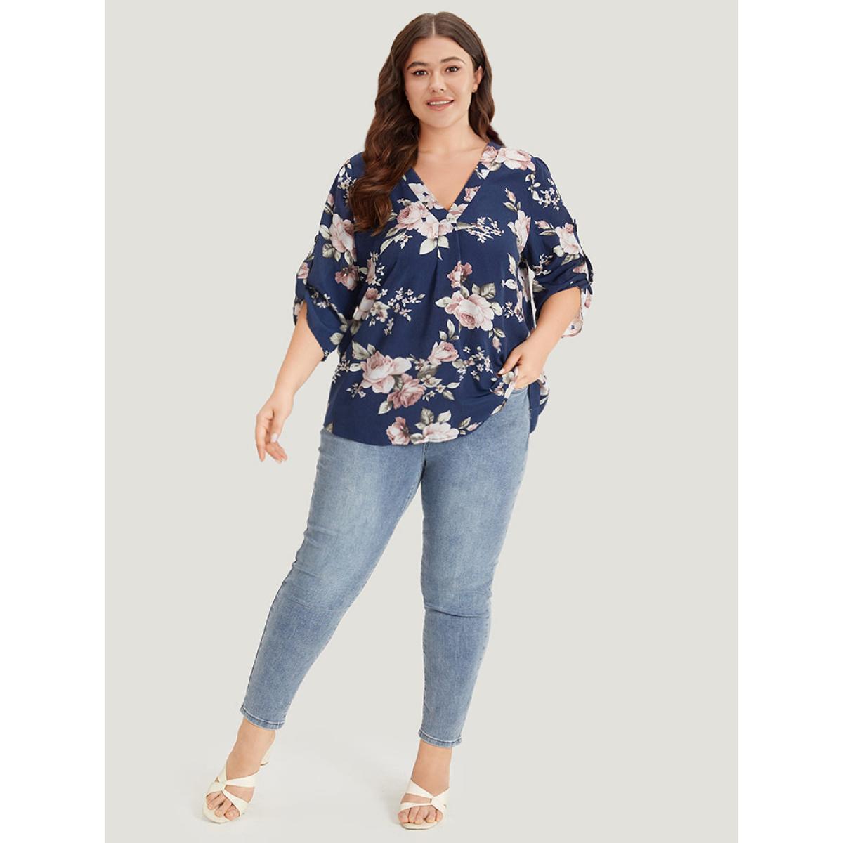 Plus Size Indigo Floral Print V Neck Plicated Detail Tab Sleeve Blouse Women Elegant Half Sleeve V-neck Dailywear Blouses BloomChic 12/L Product Image