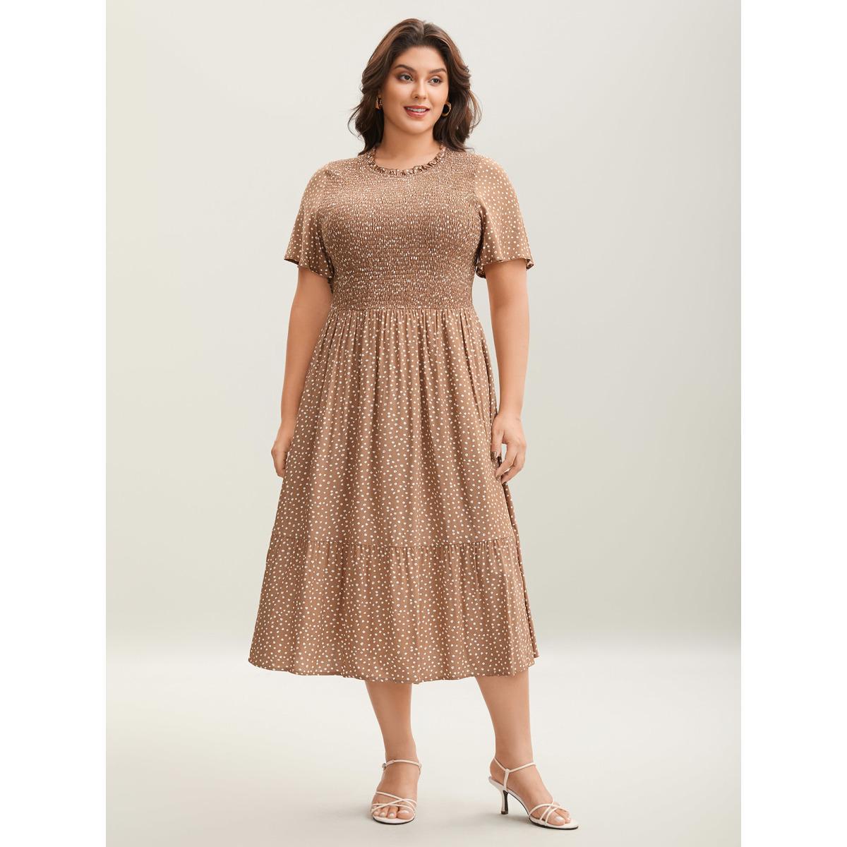 Plus Size Shirred Polka Dots Pockets Midi Dress Tan Women Round Neck Short sleeve Curvy BloomChic 12/L Product Image