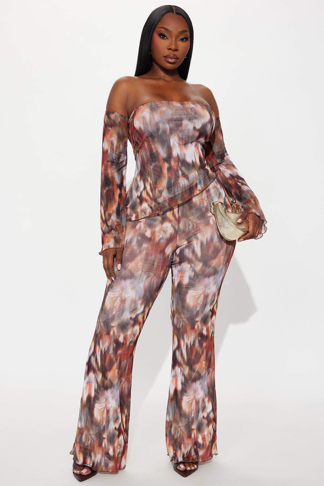 Miranda Mesh Asymmetrical Pant Set - Brown/combo Product Image
