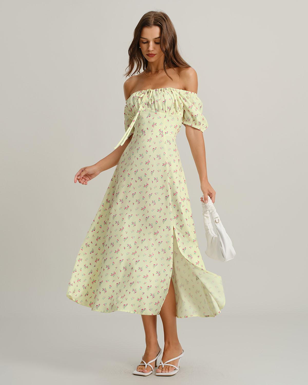 Yellow Floral Square Neck Puffed Sleeve Midi Dress Product Image