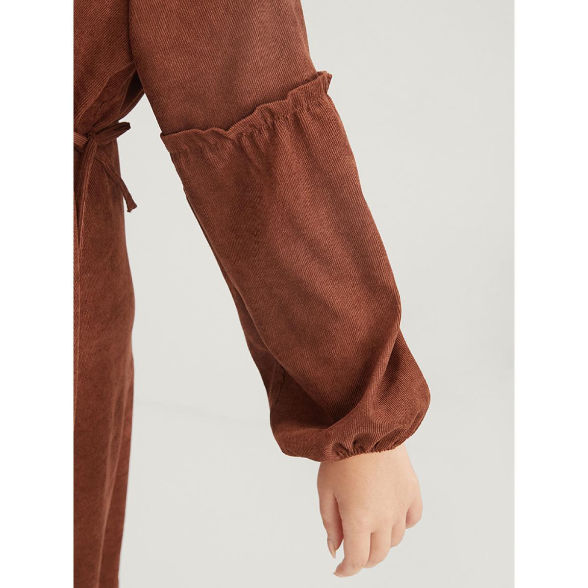 Plus Size Solid Drawstring Pocket Button Detail Shirt Collar Corduroy Dress Brown Women Office Drawstring Shirt collar Long Sleeve Curvy Midi Dress BloomChic 22-24/3X Product Image