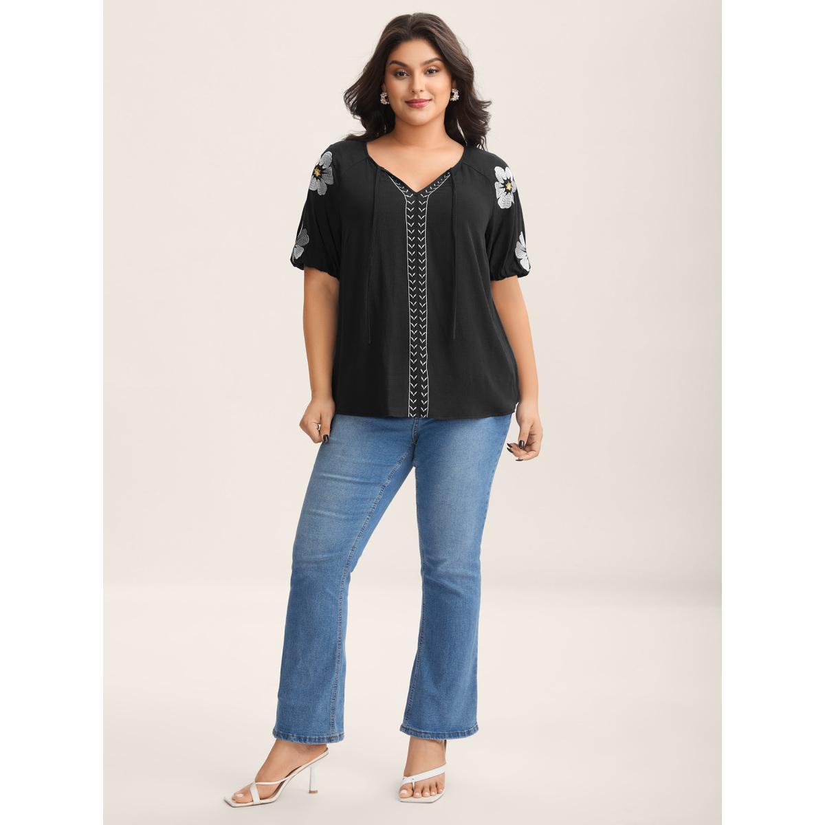 Plus Size Black Floral Embroidery Textured Neck Tie Blouse Women Half Sleeve Flat collar with V-notch Everyday-Elegant Blouses BloomChic 22-24/3X Product Image