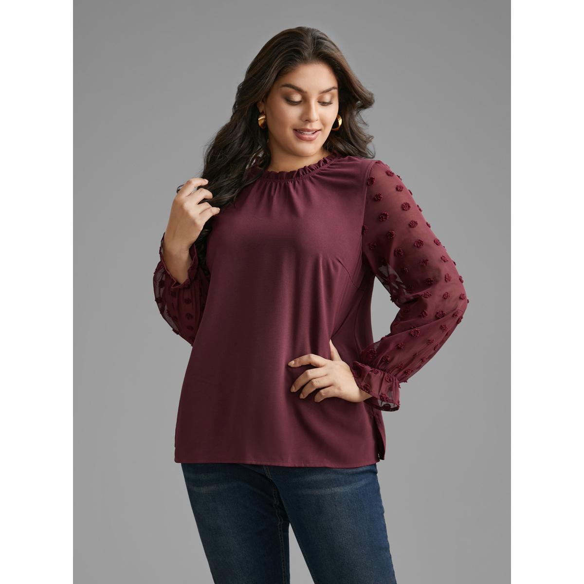 Plus Size Deepred Texture Ruffles Patchwork Gathered Blouse Women Elegant Long Sleeve Stand-up collar Everyday Blouses BloomChic 22-24/3X Product Image