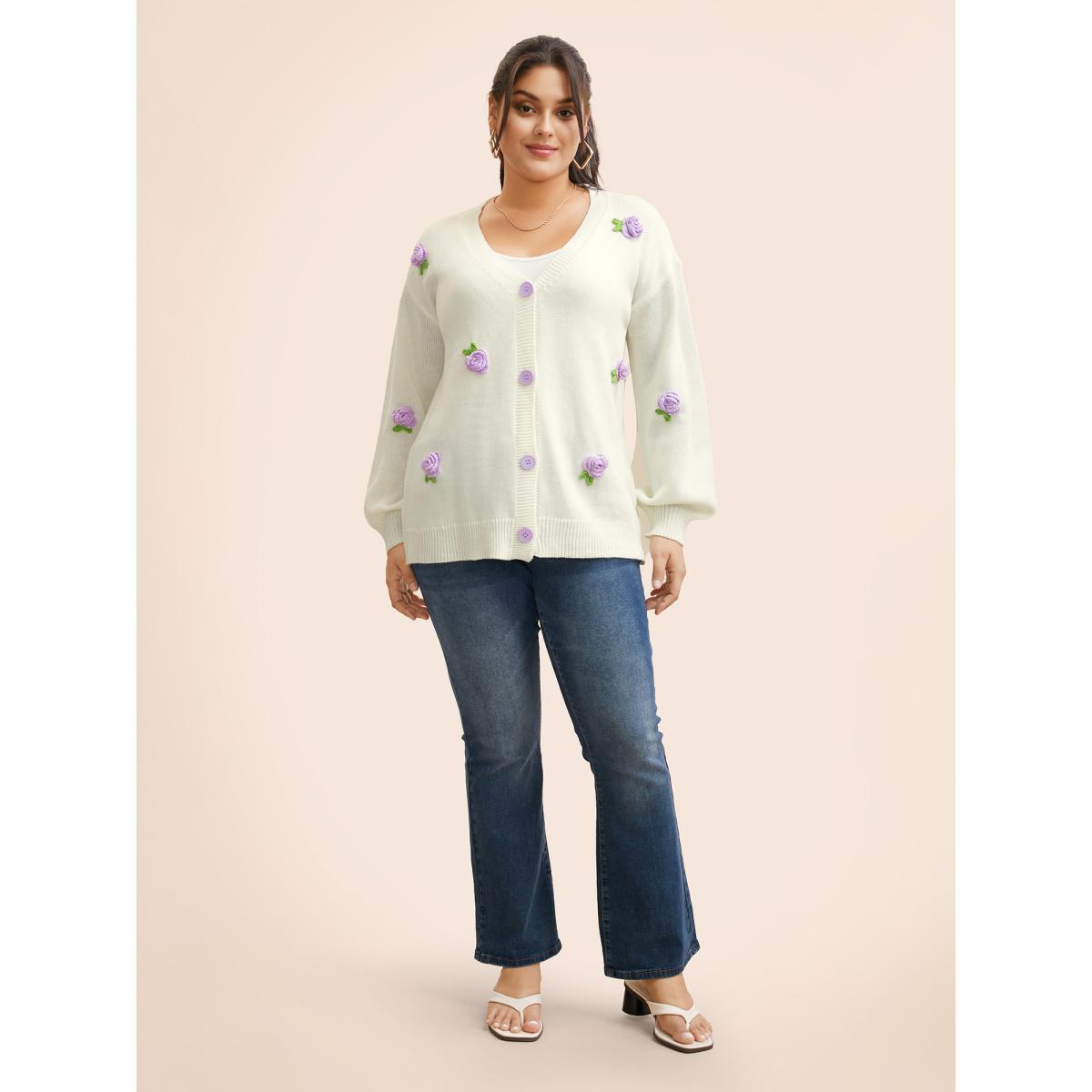 Plus Size Crochet Floral Contrast Button Up Cardigan Ivory Women Casual Loose Long Sleeve Everyday Cardigans BloomChic 22-24/3X Product Image