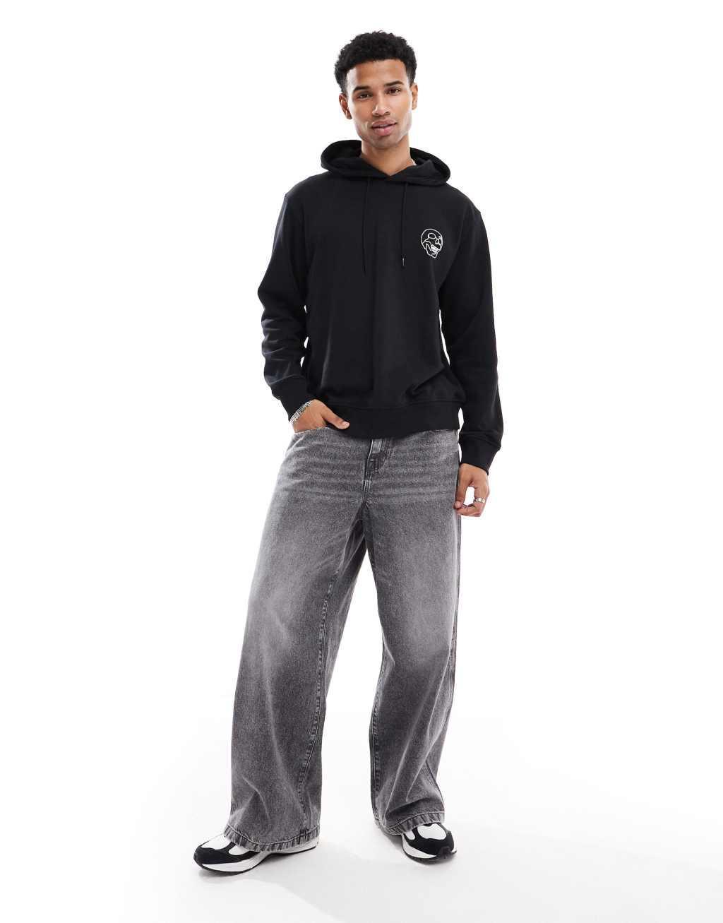 Jack & Jones oversized skull back print hoodie in black Product Image